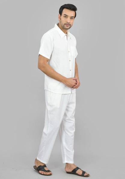 Men Cotton Shirt Solid Co-ord Set White-47322