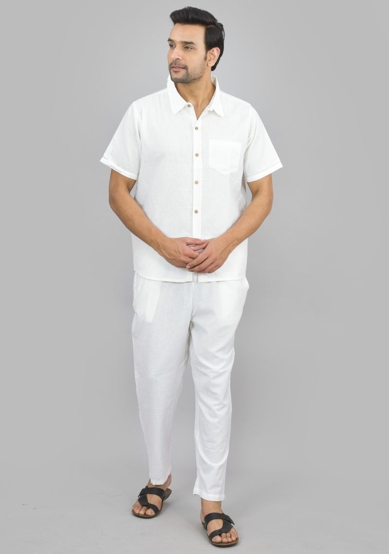 Men Cotton Shirt Solid Co-ord Set White-47322