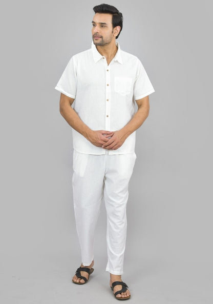 Men Cotton Shirt Solid Co-ord Set White-47322
