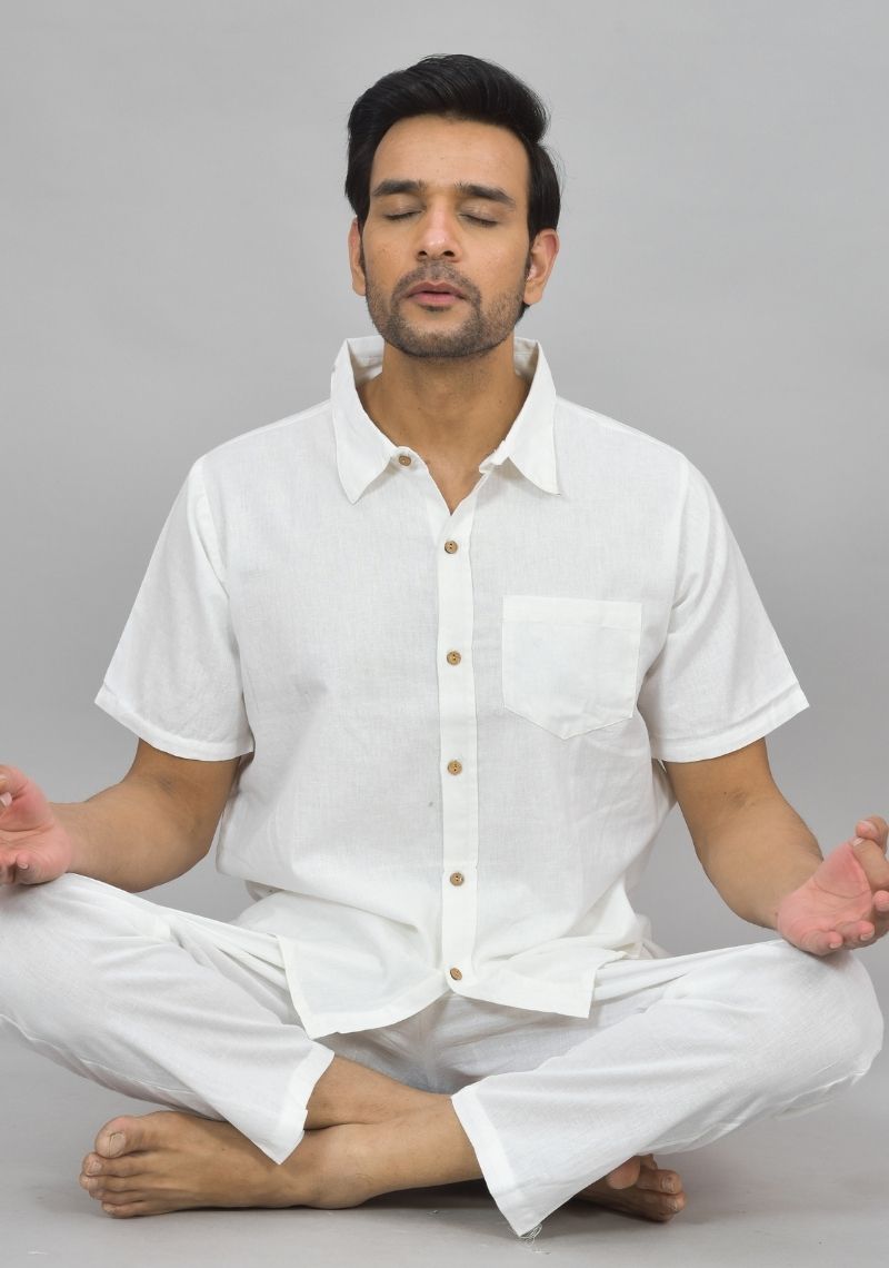 Men Cotton Shirt Solid Co-ord Set White-47322