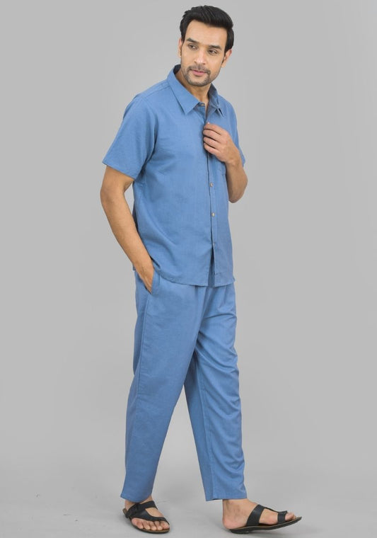 Men Cotton Shirt Solid Co-ord Set Sky Blue-47323