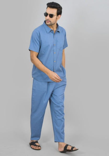 Men Cotton Shirt Solid Co-ord Set Sky Blue-47323
