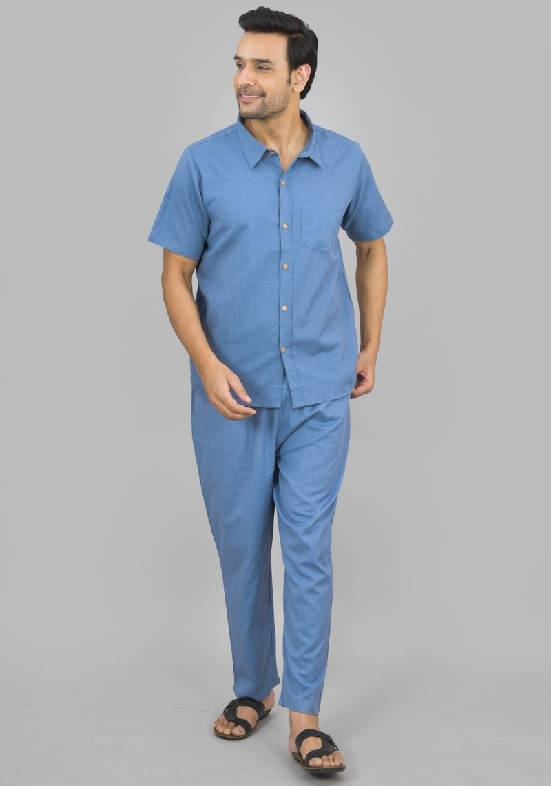 Men Cotton Shirt Solid Co-ord Set Sky Blue-47323