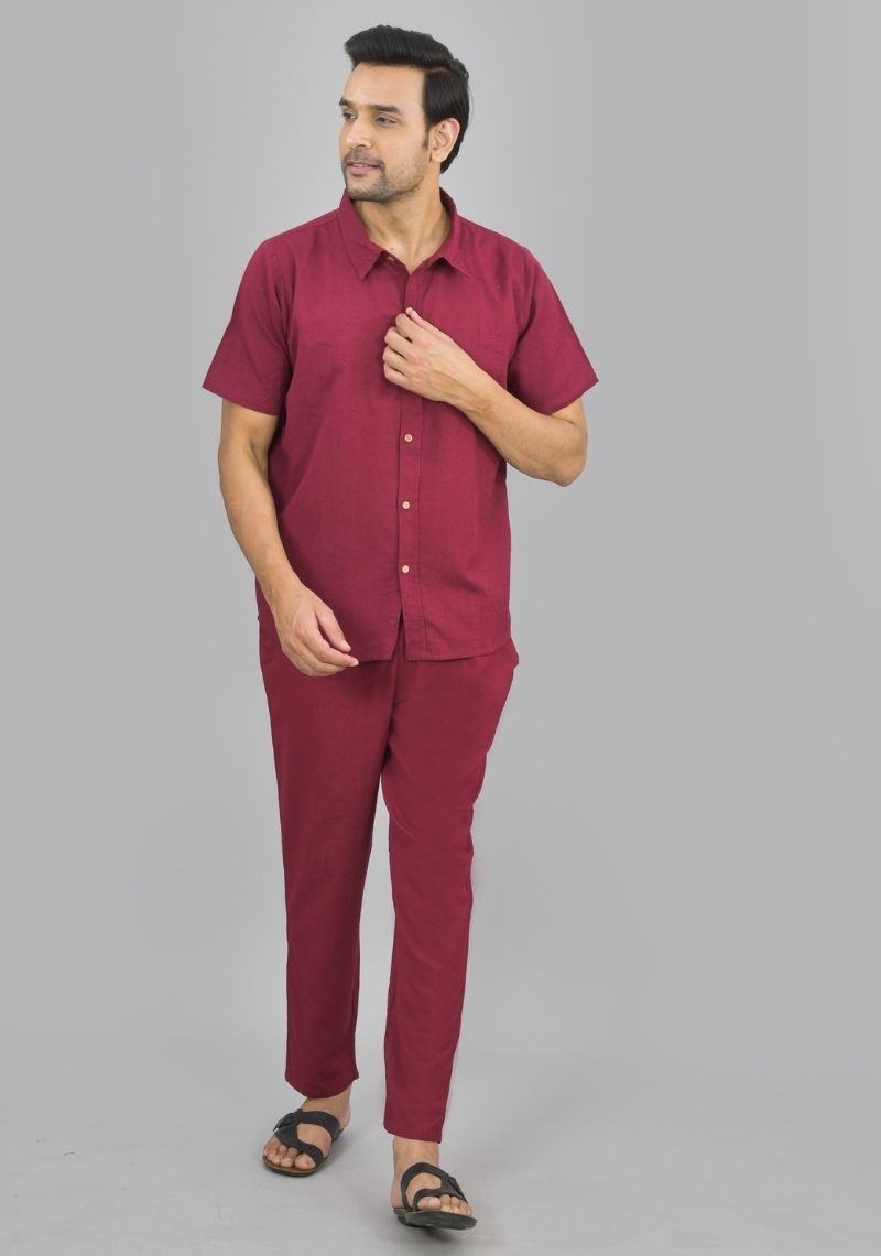 Men Cotton Shirt Solid Co-ord Set Maroon-47324