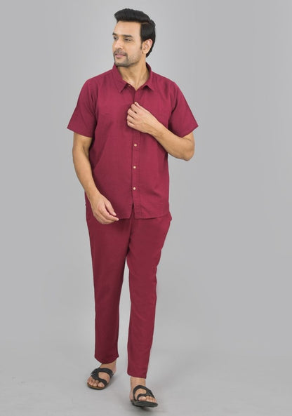 Men Cotton Shirt Solid Co-ord Set Maroon-47324