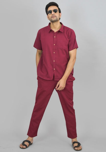 Men Cotton Shirt Solid Co-ord Set Maroon-47324