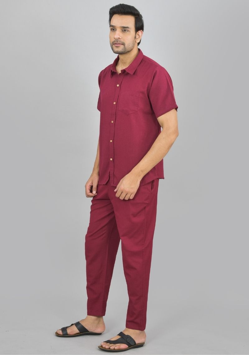 Men Cotton Shirt Solid Co-ord Set Maroon-47324