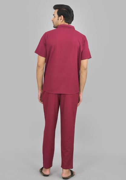 Men Cotton Shirt Solid Co-ord Set Maroon-47324