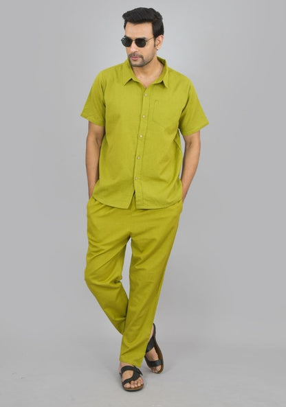 Men Cotton Shirt Solid Co-ord Set Olive Green-47325