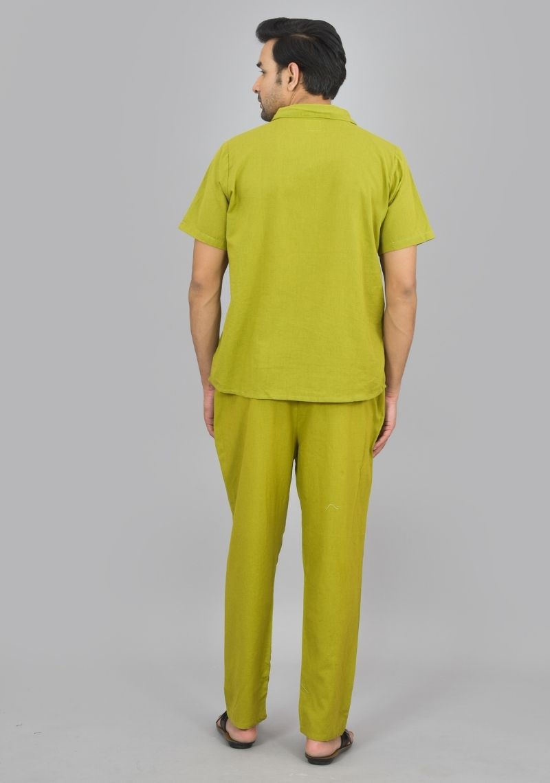 Men Cotton Shirt Solid Co-ord Set Olive Green-47325