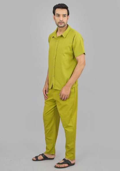 Men Cotton Shirt Solid Co-ord Set Olive Green-47325