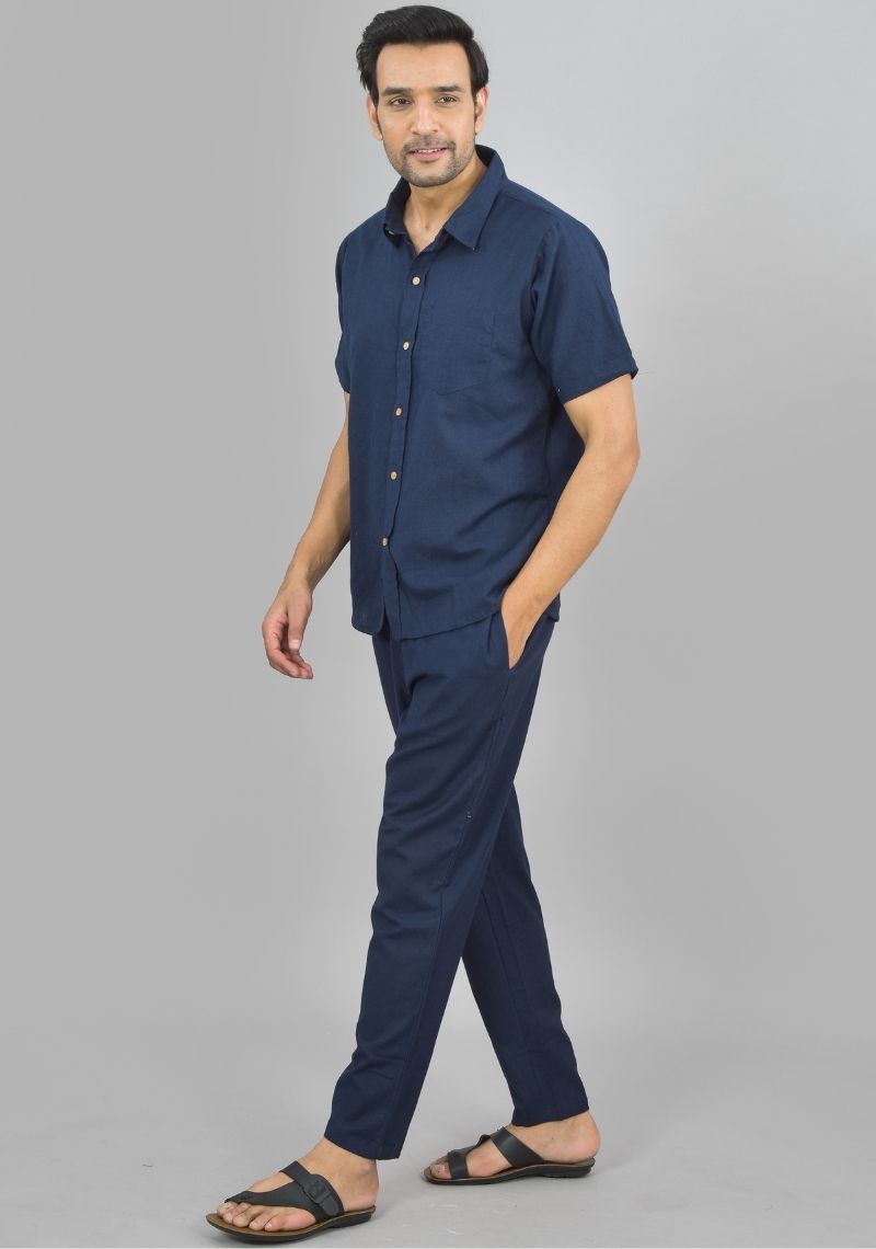 Men Cotton Shirt Solid Co-ord Set Navy Blue-47326
