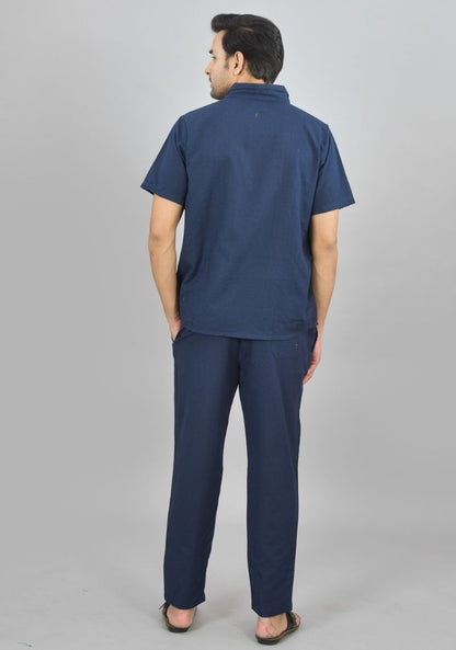 Men Cotton Shirt Solid Co-ord Set Navy Blue-47326