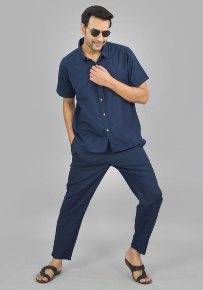 Men Cotton Shirt Solid Co-ord Set Navy Blue-47326