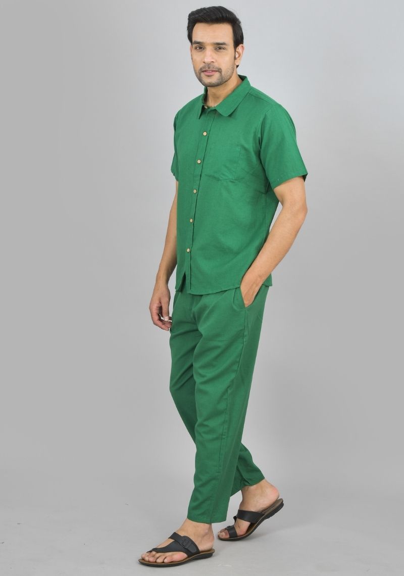 Men Cotton Shirt Solid Co-ord Set Green-47327
