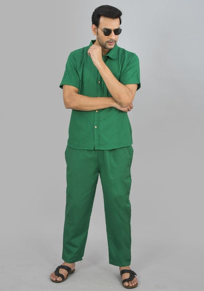 Men Cotton Shirt Solid Co-ord Set Green-47327