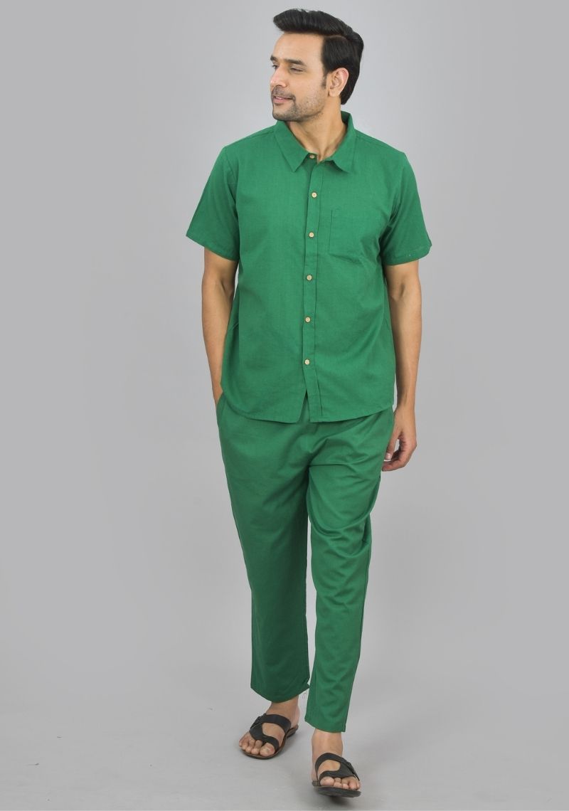 Men Cotton Shirt Solid Co-ord Set Green-47327