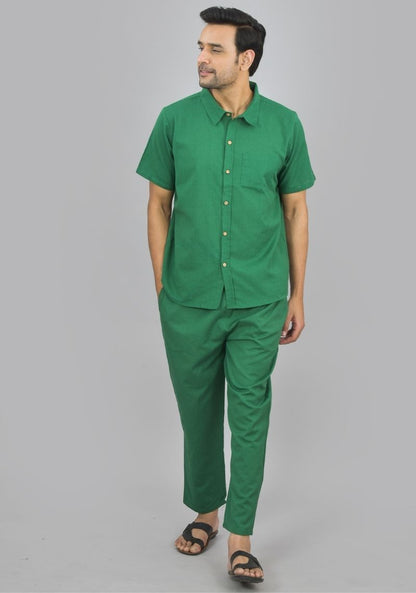 Men Cotton Shirt Solid Co-ord Set Green-47327