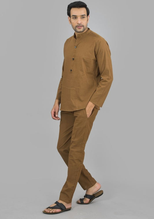 Men Cotton Solid Co-ord Set Brown-47328