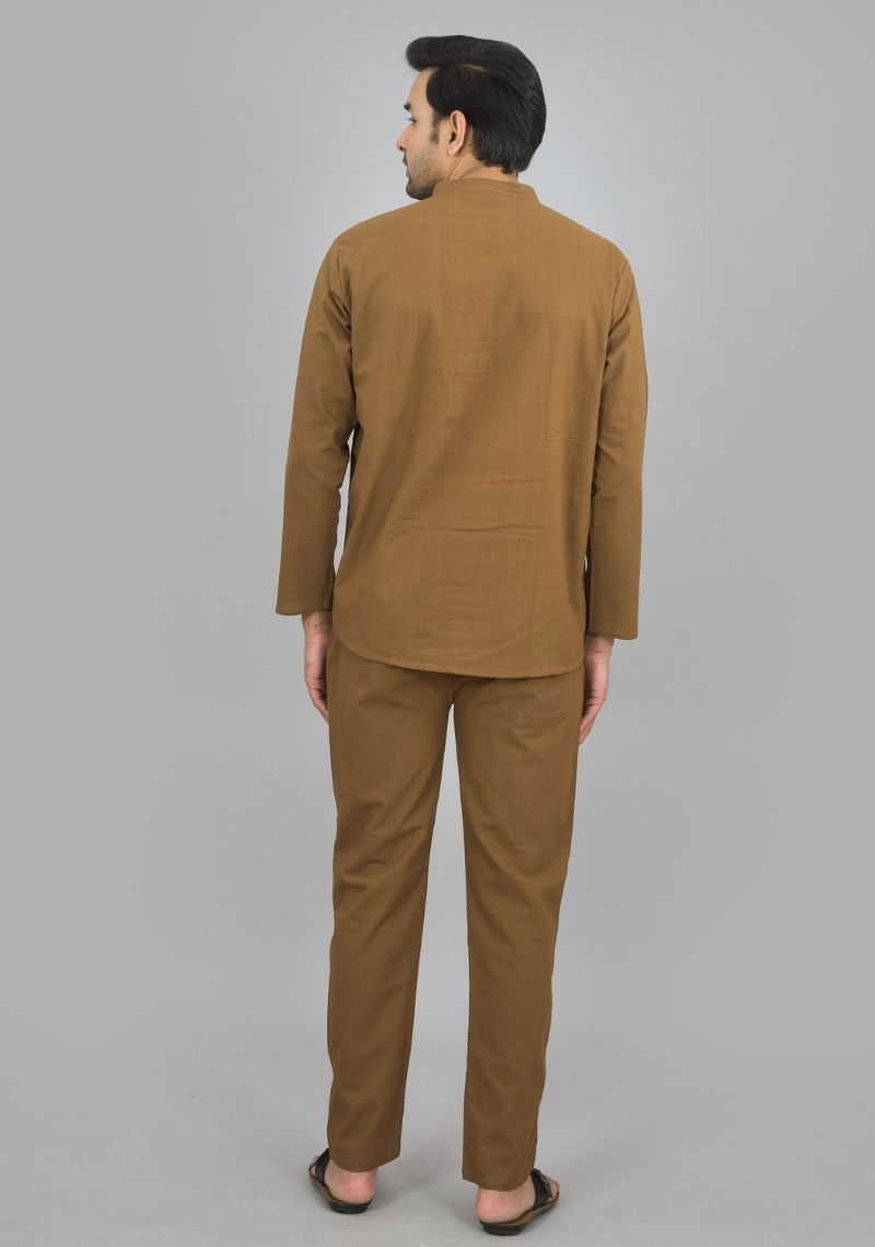 Men Cotton Solid Co-ord Set Brown-47328