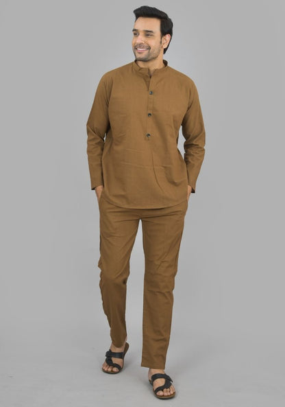 Men Cotton Solid Co-ord Set Brown-47328