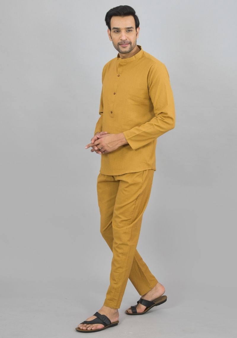 Men Cotton Solid Co-ord Set Beige-47329