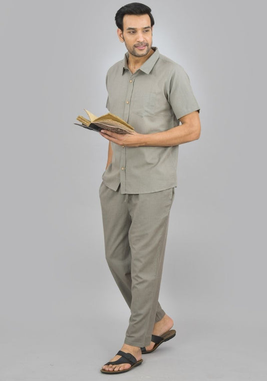 Men Cotton Shirt Solid Co-ord Set Gray-47330