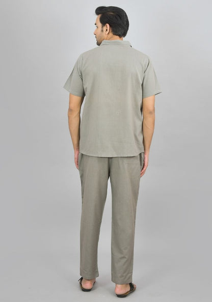 Men Cotton Shirt Solid Co-ord Set Gray-47330