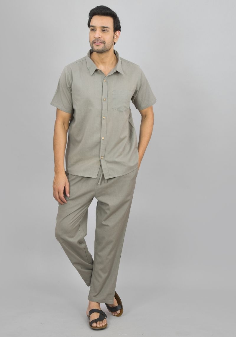 Men Cotton Shirt Solid Co-ord Set Gray-47330
