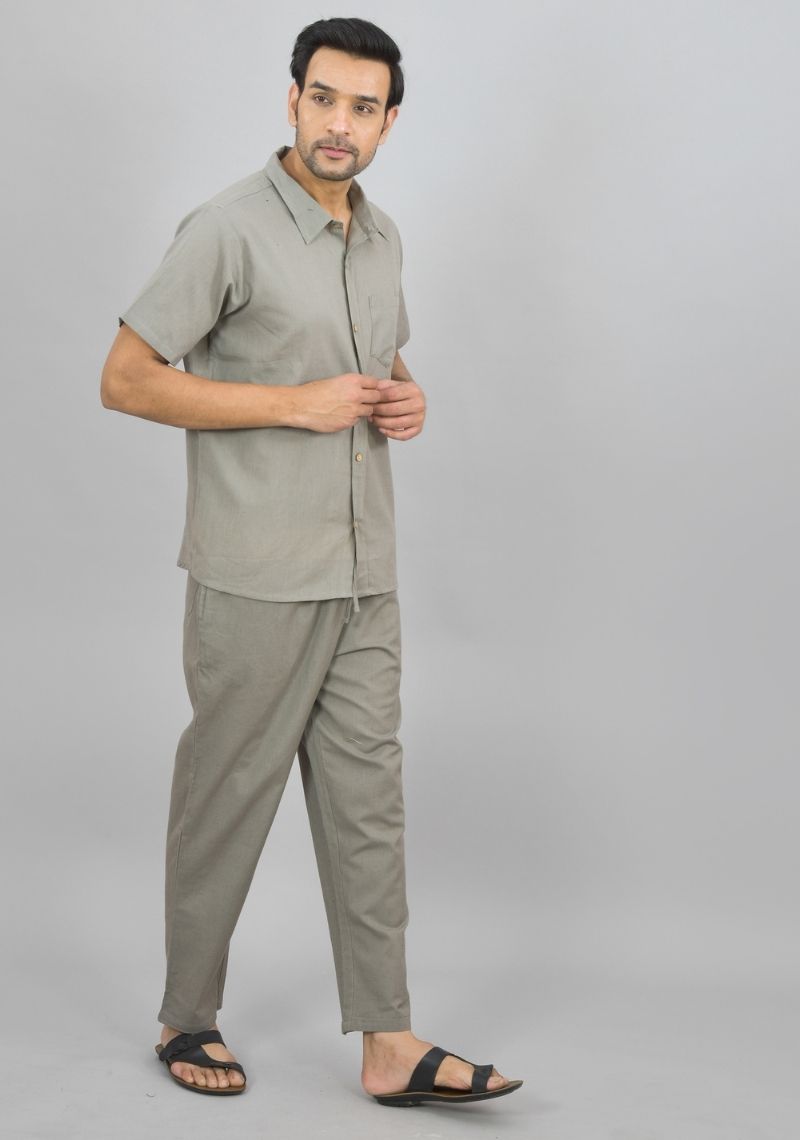 Men Cotton Shirt Solid Co-ord Set Gray-47330