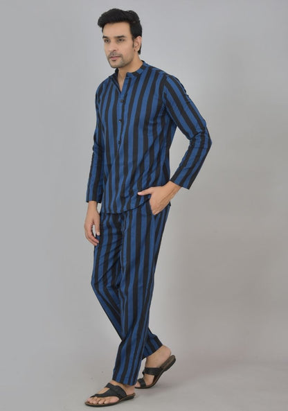 Men Cotton Stripe Co-ord Set Navy Blue Black-48582