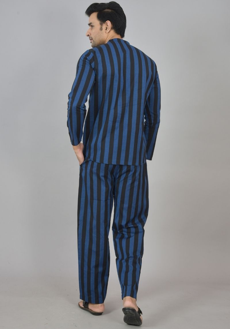 Men Cotton Stripe Co-ord Set Navy Blue Black-48582