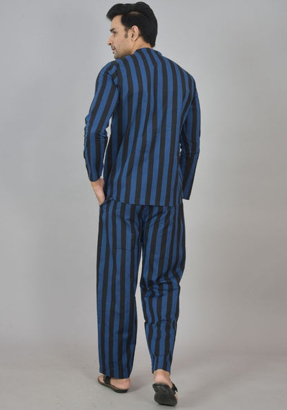 Men Cotton Stripe Co-ord Set Navy Blue Black-48582