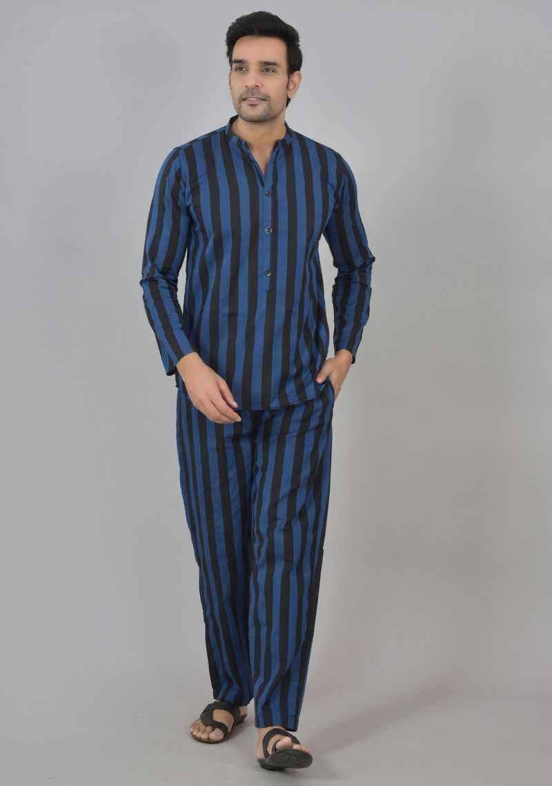 Men Cotton Stripe Co-ord Set Navy Blue Black-48582