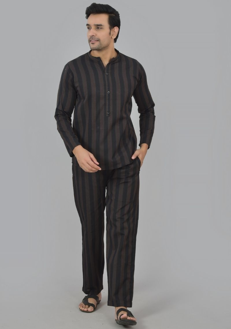 Men Cotton Stripe Co-ord Set Black Brown-48583