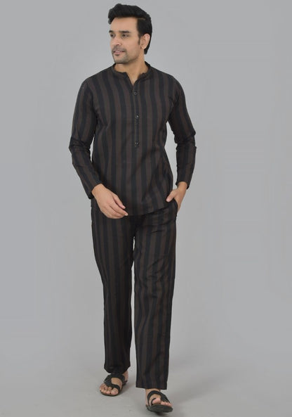 Men Cotton Stripe Co-ord Set Black Brown-48583
