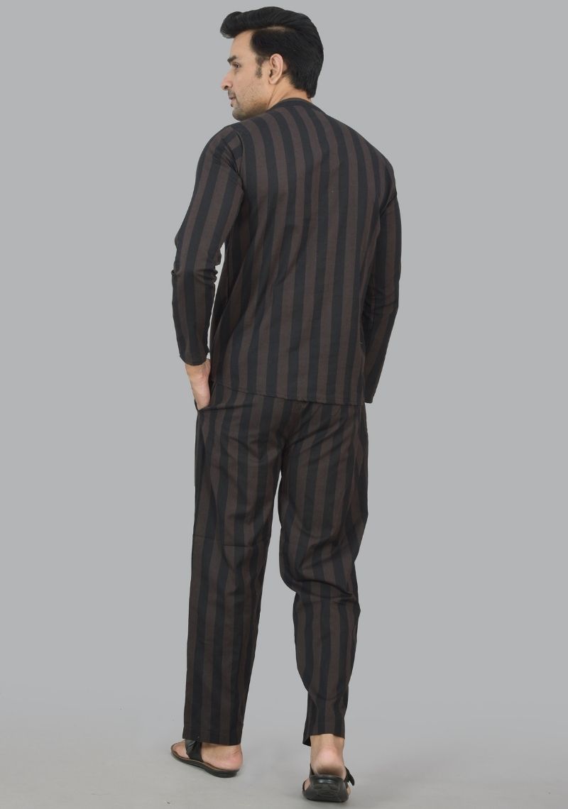 Men Cotton Stripe Co-ord Set Black Brown-48583