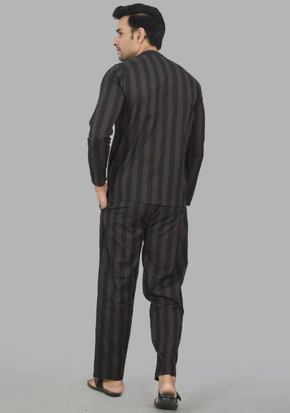 Men Cotton Stripe Co-ord Set Black Brown-48583