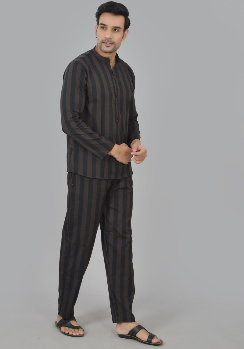 Men Cotton Stripe Co-ord Set Black Brown-48583