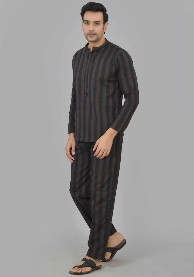 Men Cotton Stripe Co-ord Set Black Brown-48583