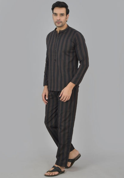 Men Cotton Stripe Co-ord Set Black Brown-48583