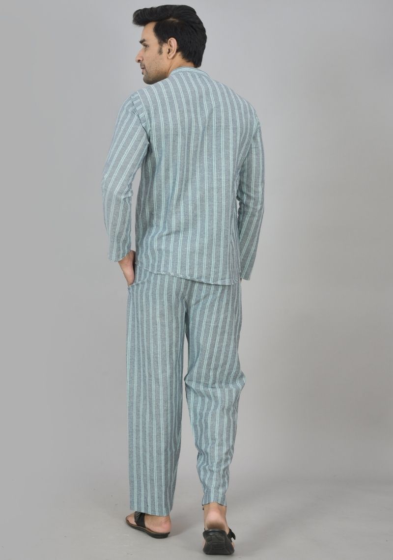 Men Cotton Stripe Co-ord Set Gray Cyan-48584