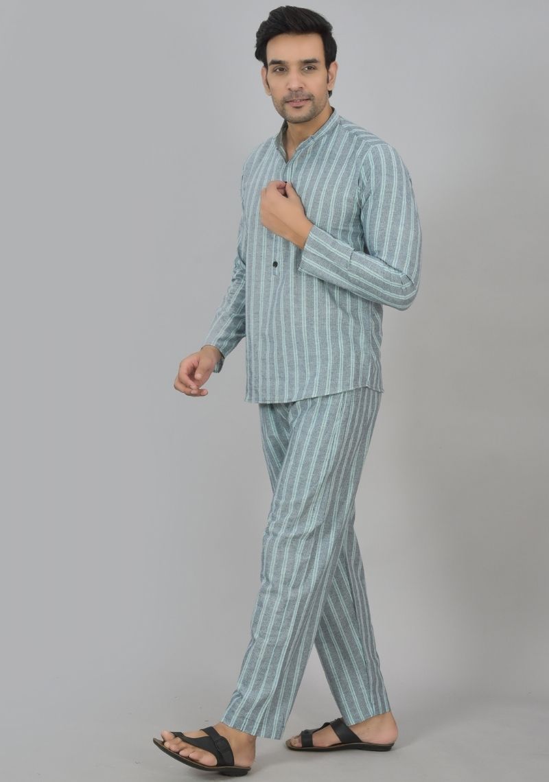 Men Cotton Stripe Co-ord Set Gray Cyan-48584