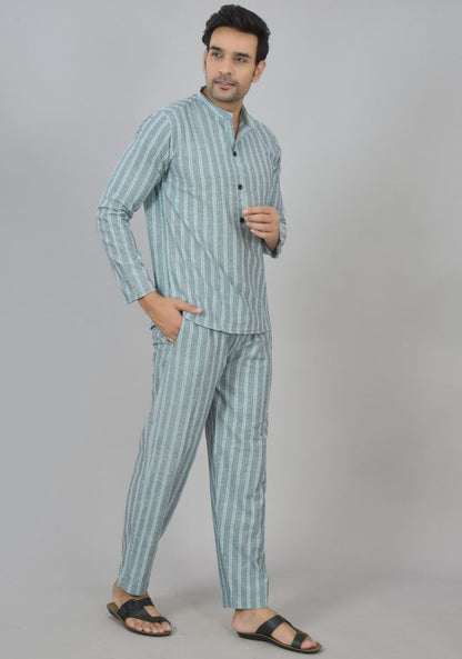 Men Cotton Stripe Co-ord Set Gray Cyan-48584