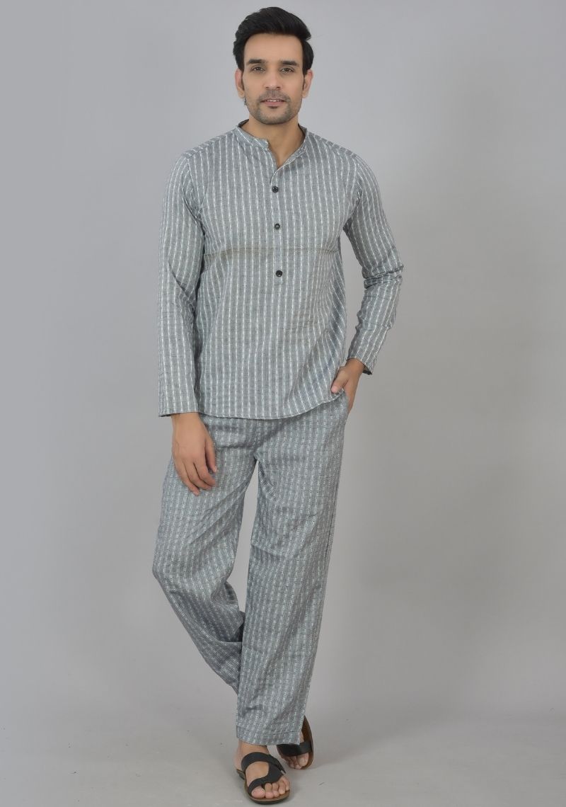Men Cotton Stripe Co-ord Set Gray White-48588