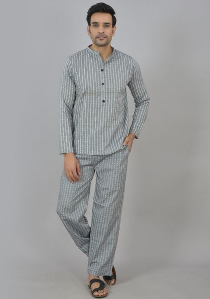 Men Cotton Stripe Co-ord Set Gray White-48588