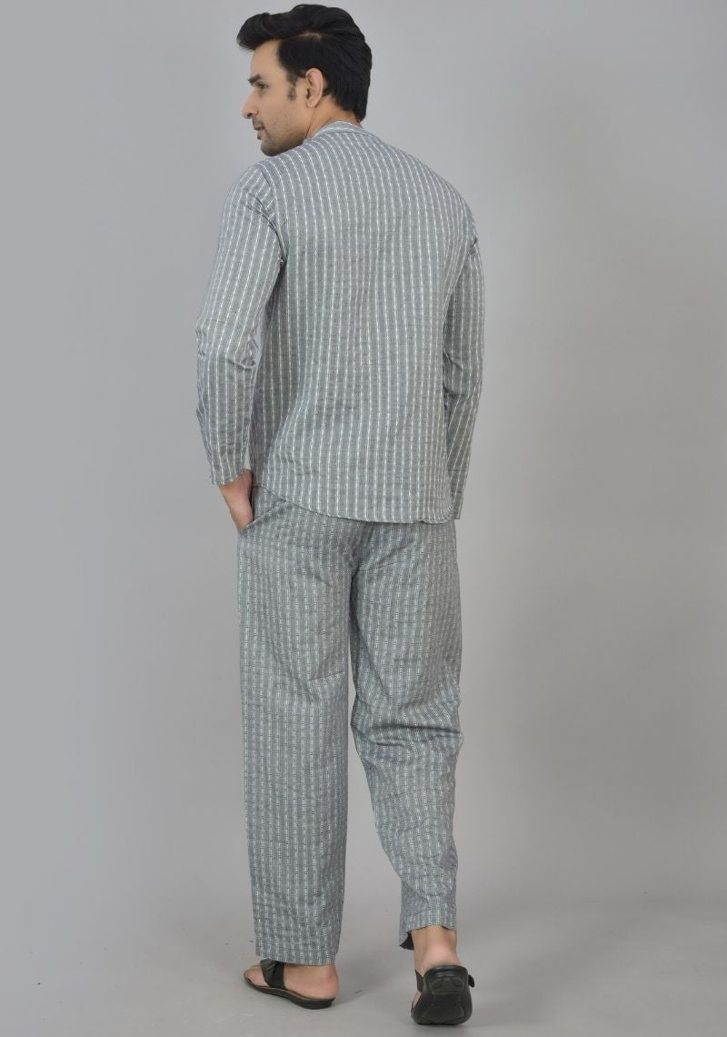 Men Cotton Stripe Co-ord Set Gray White-48588