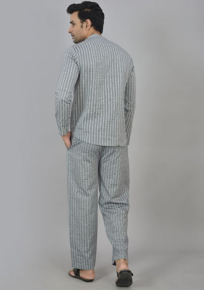 Men Cotton Stripe Co-ord Set Gray White-48588
