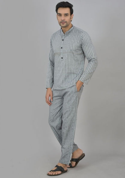 Men Cotton Stripe Co-ord Set Gray White-48588