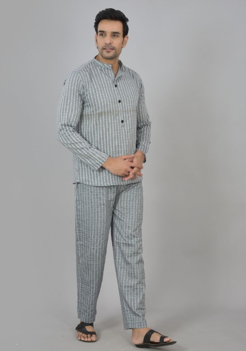 Men Cotton Stripe Co-ord Set Gray White-48588